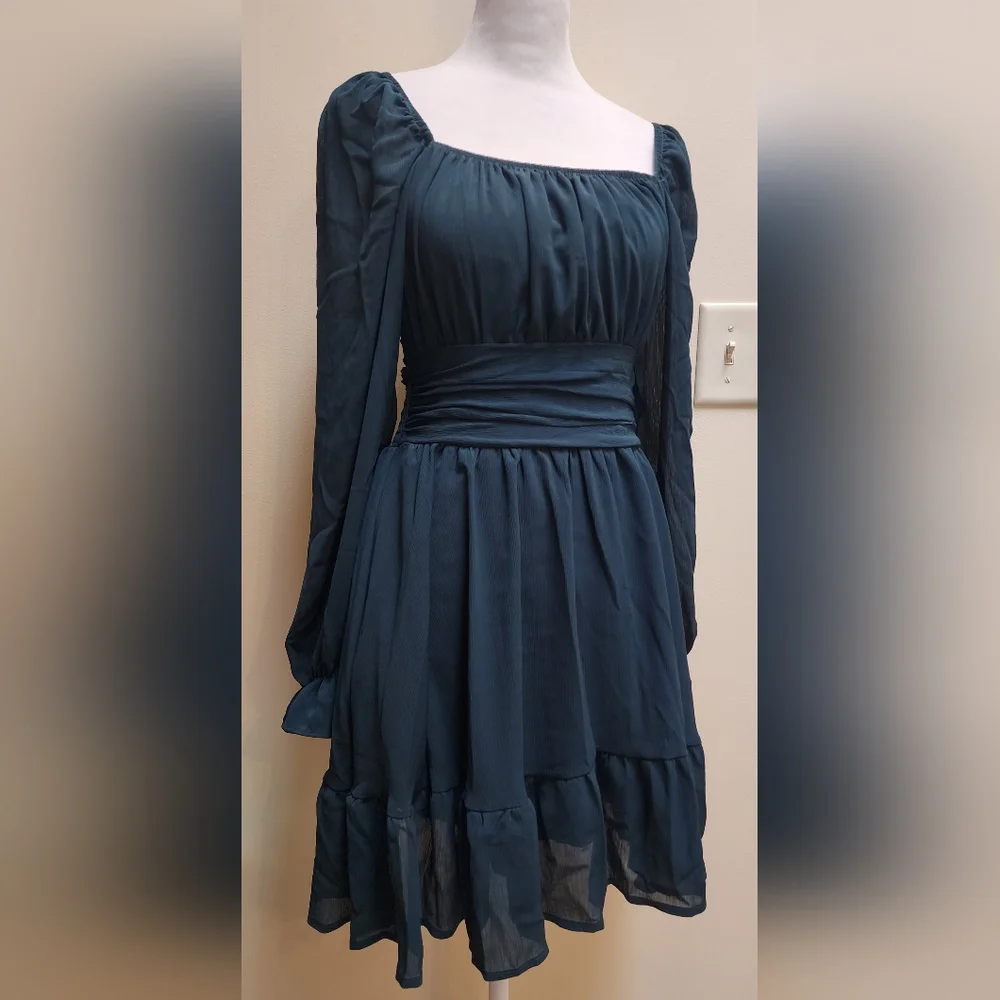 NWT Women's Peacock Blue Boho Ruffle Dress Long Lantern Sleeves Size S - Picture 13 of 15